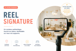 Illustration du service Reel Signature Parent Cool permettant de réaliser un tournage vidéo professionnel sur place afin de créer un Reel authentique et réutilisable pour les réseaux sociaux et les supports de communication.