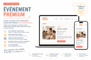 Illustration du service Événement Premium Parent Cool permettant aux professionnels de publier un événement optimisé pour le référencement naturel (SEO) et de le promouvoir auprès des familles, sans abonnement.