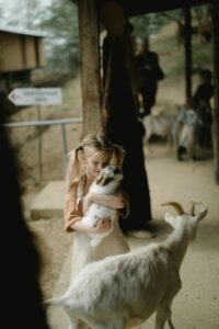 Enfants découvrant les animaux dans une ferme pédagogique – activités nature et expériences en famille recommandées par Parent Cool partout en France.
