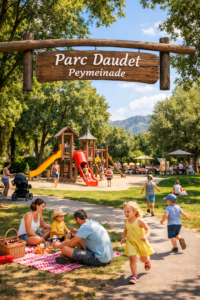 Parc de jeux familial avec structures ludiques pour enfants, espace vert sécurisé et zones ombragées, idéal pour une sortie en famille
