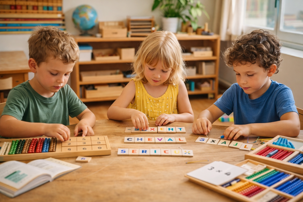 Enfants en classe Montessori manipulant du matériel pédagogique dans une école près de Menton
