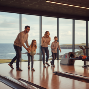Une famille souriante joue au bowling dans un espace moderne et chaleureux avec vue sur l'océan à travers d'immenses baies vitrées.