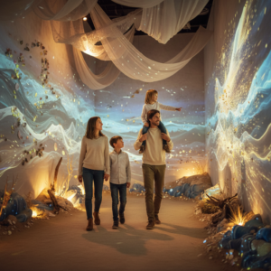 Famille découvrant un décor immersif féerique et lumineux dans un centre de loisirs indoor.