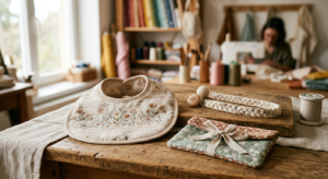 Gros plan chaleureux sur des accessoires en tissu pour bébé, faits main, aux motifs poétiques et aux couleurs douces, posés sur une table en bois clair.