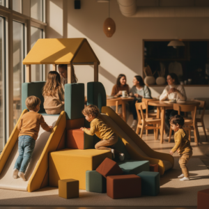 Enfants s'amusant sur une structure de jeux souple et colorée dans une aire de jeux intérieure lumineuse et moderne.