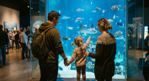Une famille avec un jeune enfant devant un grand bassin illuminé à l'Aquarium de Vendée, ambiance douce et immersive.