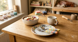 Gros plan sur de la vaisselle artisanale colorée pour enfant avec des manches décorés, posée sur une table en bois clair.