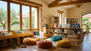 Coin lecture chaleureux pour enfants dans une bibliothèque lumineuse à Nice, avec des étagères colorées et des poufs confortables.