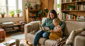 Une maman et son jeune enfant installés confortablement sur un canapé, partageant un moment de lecture calme sur une tablette numérique dans un salon chaleureux.
