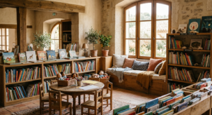 Intérieur chaleureux de la section jeunesse de la bibliothèque Villa Saint-Hilaire à Grasse, montrant des étagères de livres et un coin lecture confortable baigné de lumière naturelle.