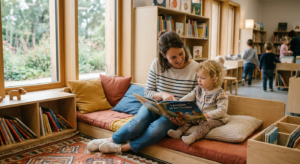 Un parent et son jeune enfant assis confortablement dans un coin lecture lumineux et coloré d'une médiathèque moderne.