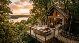 Une magnifique cabane en bois perchée dans les arbres en bordure de lac en Vendée, avec une grande terrasse aménagée et un spa privatif fumant, le tout dans une ambiance chaleureuse de fin de journée.