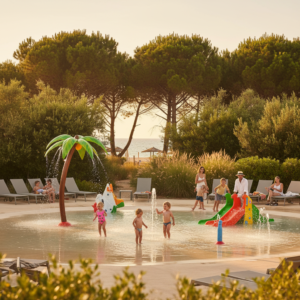 Famille profitant de l'espace aquatique d'un camping en Camargue sous un soleil chaleureux, avec toboggans et palmiers.