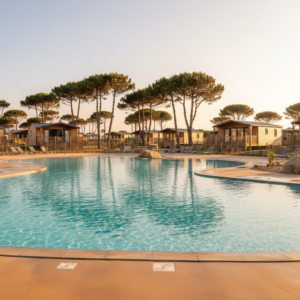 Espace aquatique extérieur d'un camping familial en Vendée, avec bassins lagons et arbres, sous une lumière de fin d'après-midi.