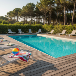 Une piscine de camping ensoleillée entourée de verdure avec des chaises longues, dans une ambiance familiale et paisible en Vendée.