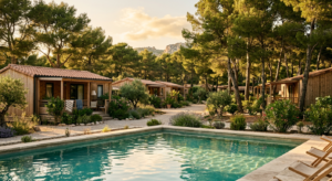Vue ensoleillée d'un camping familial à La Ciotat avec une piscine aux eaux turquoise entourée de pins et de transats, ambiance chaleureuse de vacances d'été.
