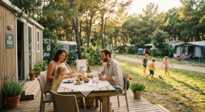 Une famille installée devant leur mobil-home dans un camping boisé et reposant en Provence, avec la lumière douce de fin de journée.