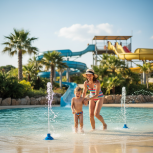 Une famille avec enfants s'amusant dans le grand parc aquatique ensoleillé d'un camping village vacances en Vendée.
