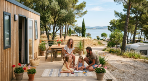 Une famille heureuse avec de jeunes enfants s'installant devant leur mobil-home moderne dans un camping arboré sous le soleil de Provence, avec une vue dégagée sur un étang en arrière-plan.
