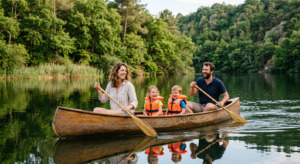 Une famille avec enfants naviguant sereinement en canoë sur les eaux calmes du lac du Jaunay en Vendée, entourée de verdure.