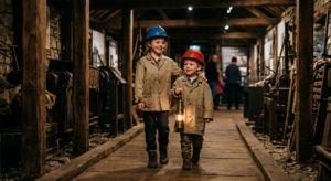Deux jeunes enfants portant des vestes de mineurs et des casques protecteurs, observant attentivement une lampe de mineur à l'intérieur d'un musée historique. Ambiance chaleureuse et éducative.