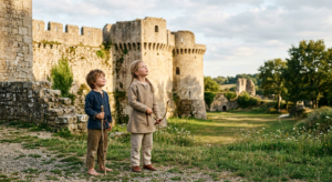 Des enfants déguisés en apprentis chevaliers devant les remparts médiévaux du Château de Talmont en Vendée.