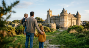 Une famille avec deux jeunes enfants admirant l'enceinte médiévale et les tours d'un château fort sous une lumière de fin d'après-midi.
