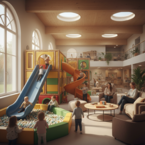 Vue intérieure d'un parc de jeux couvert lumineux et coloré avec des structures de jeux sécurisées pour enfants, dans un esprit convivial et familial.