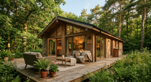 Vue extérieure d'un lodge en bois élégant et moderne au coeur d'une forêt verdoyante en Vendée, avec une terrasse accueillante.