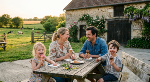 Une famille avec de jeunes enfants savourant des glaces artisanales devant une grange de ferme authentique en Vendée, ambiance chaleureuse et ensoleillée.