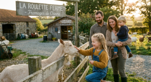 Une famille avec deux jeunes enfants découvrant les chèvres d'une ferme de pays dans un cadre champêtre ensoleillé en Vendée.