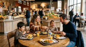 Une famille partageant un repas décontracté dans un restaurant lumineux de type cafétéria avec des enfants qui choisissent leurs accompagnements.