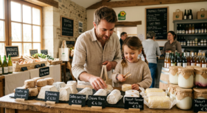 Une famille avec un jeune enfant devant l'étal d'une fromagerie artisanale à la ferme, présentant des fromages de chèvre et des yaourts locaux.