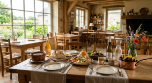 Table conviviale en bois dans un restaurant de ferme vendéen, avec des plats du terroir et une atmosphère chaleureuse en lumière naturelle.