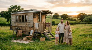 Une famille devant une diligence en bois aménagée dans un parc verdoyant sous une lumière de fin de journée.