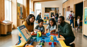 Des parents et leurs jeunes enfants découvrent avec curiosité une exposition interactive et ludique dans un musée moderne et lumineux.