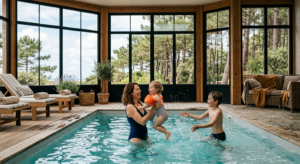 Vue de la piscine intérieure d'un hôtel familial avec des jeux d'eau, une famille nageant ensemble dans une ambiance lumineuse et moderne.