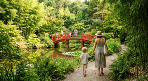 Une famille se promène dans un jardin d'inspiration asiatique en Vendée, avec un pont rouge traditionnel et une forêt de bambous en arrière-plan.