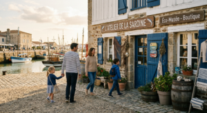Façade typique et chaleureuse de l'Atelier de la Sardine sur un port de pêche, avec une famille qui s'apprête à entrer.