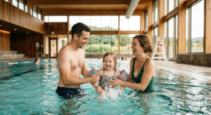 Une famille complice profite d'un moment de détente dans la piscine chauffée et lumineuse de l'Eden Spa aux Herbiers.