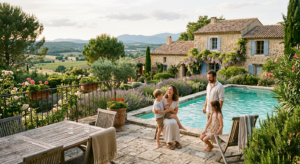 Vue chaleureuse d'un village de gîtes en pierre dans le Luberon avec une piscine entourée de nature et une famille qui profite du soleil.