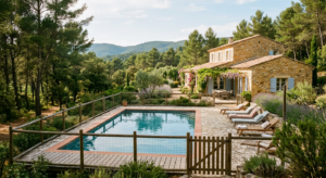Une résidence de vacances familiale typiquement provençale entourée de pins avec une piscine sécurisée et des chaises longues sous le soleil.