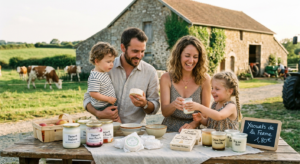Une jeune famille avec enfants devant une ferme au coucher du soleil, découvrant des produits laitiers artisanaux sur une table en bois naturel.