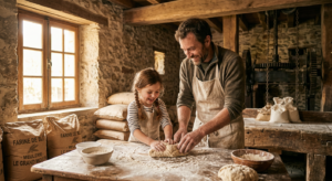 Un enfant et un meunier souriant en train de pétrir de la pâte à pain avec de la farine dans l'ambiance chaleureuse d'un moulin traditionnel en pierre.