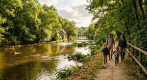 Une famille se promène tranquillement sur un sentier boisé au bord d'une rivière calme en Vendée, sous une lumière douce de fin d'après-midi.