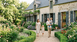 Vue paisible d'une malouinière historique en Vendée avec ses jardins fleuris et son architecture authentique en pierre.
