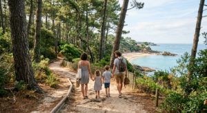 Une famille se promene sur un sentier du Bois de la Chaise a Noirmoutier, entourée de grands pins et apercevant une petite crique a sable fin et eau turquoise.
