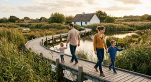 Une famille avec de jeunes enfants se promène sur un ponton en bois au cœur des marais salants du Daviaud, sous une lumière douce de fin de journée.