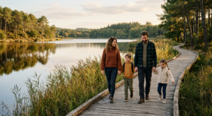 Une famille se baladant sur un sentier naturel au bord du lac du Jaunay en Vendée, avec une vue dégagée sur l'eau et une forêt de pins en arrière-plan sous une lumière douce de fin d'après-midi.