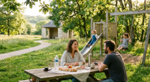 Une famille profite d'un pique-nique ensoleillé dans un parc verdoyant avec une aire de jeux pour enfants en arrière-plan.
